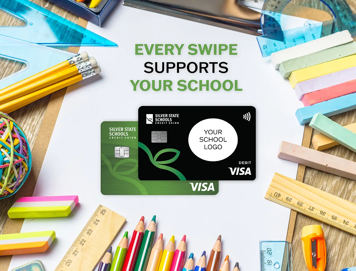 SSSCU/CCSD Affinity Card Program Photo featuring school branded SSSCU Credit and Debit Cards